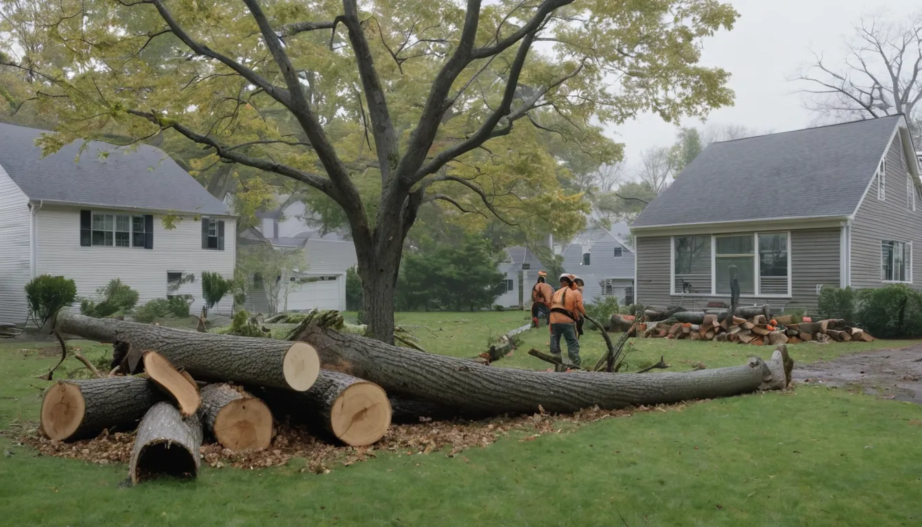 Local provider crew safely cutting a fallen tree off a backyard fence after a storm in Murrysville